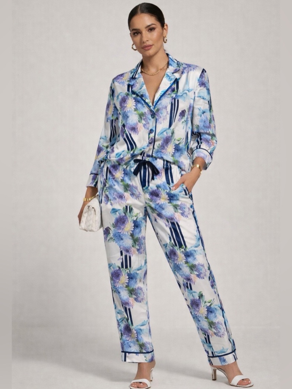 J.Crew Floral Pajama Set | Blue Stripe Satin Lounge Set Size M/8